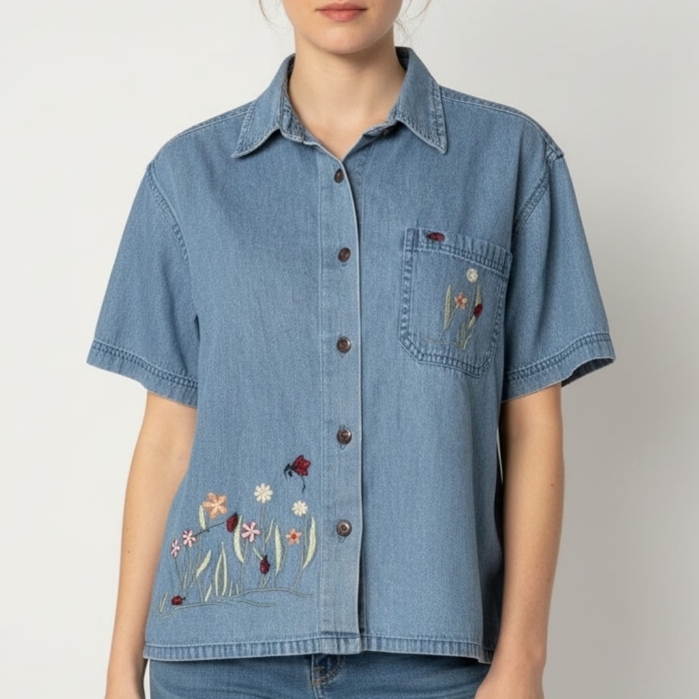 Embroidered Light Blue Denim Button-Up Shirt 100% Cotton XL
